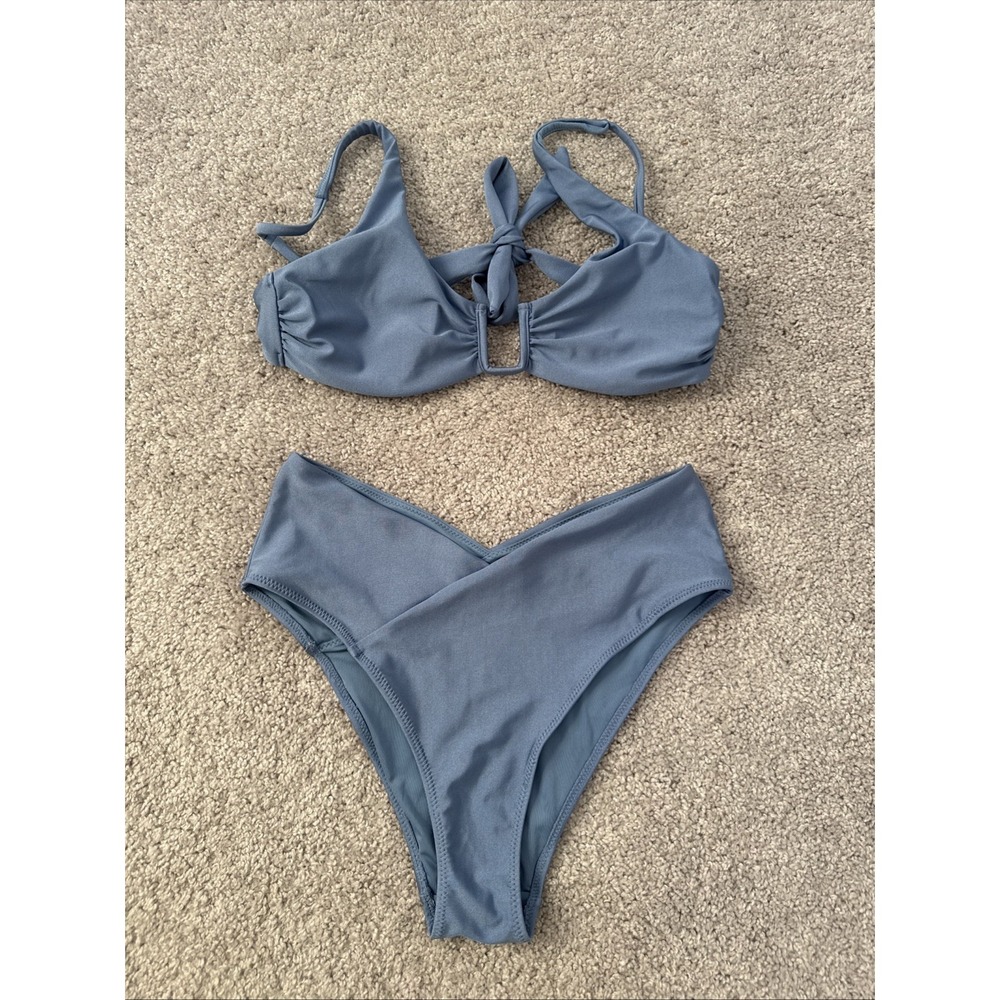 Blue Sheen Bikini H&M High Waisted Cheeky Bottoms Size M Top Size S